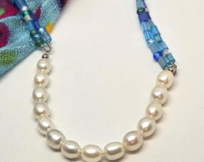 Freshwater Pearls & Blue Multicolor bead necklace, beach jewelry, one of a kind