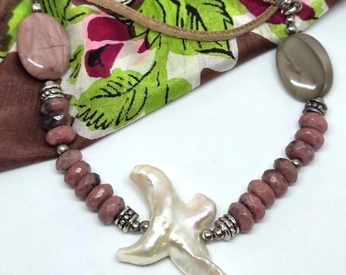 Abstract Freshwater Pearl Cross Pendant, Rhodonite, Jasper on Black Leather, One of a Kind