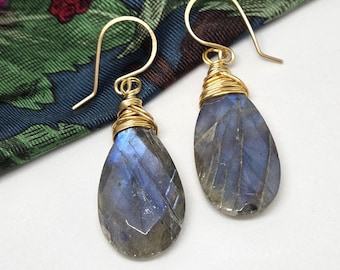 Flashy Labradorite Gemstone Earrings, natural blue flash, one of a kind