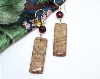 Fossil Coral Gemstone Earrings with Fire Agate accents, gold ear wires, one of a kind