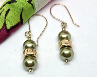 Olive Green Glass Pearl Earrings with Gold Filled accents