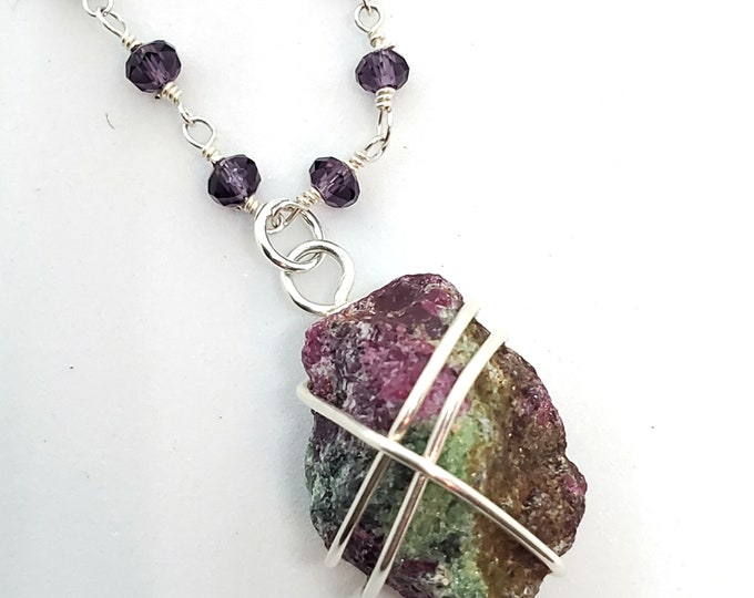 Rough Ruby in Zoisite nugget necklace on long crystal chain for women, one of a kind