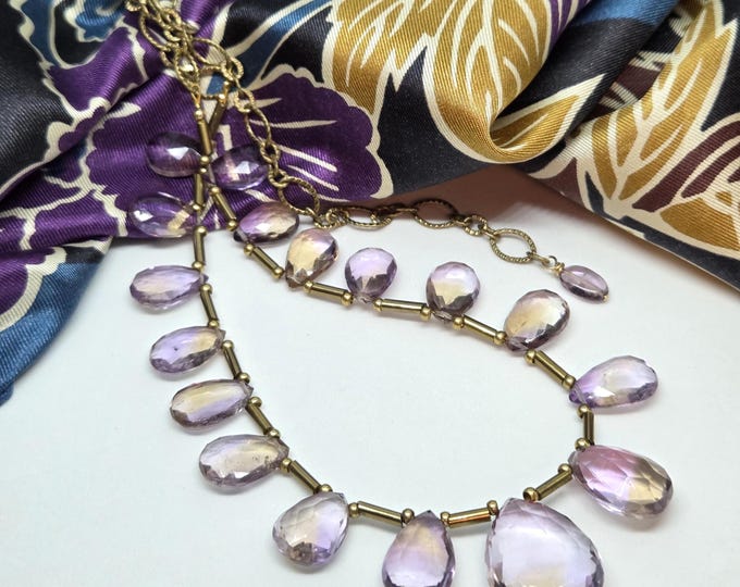 Ametrine Gemstone Necklace, graduated gemstone briolettes on antique gold chain, one of a kind