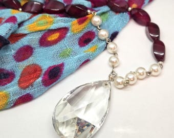 Vintage Chandelier Crystal Pendant Necklace with Fuschia Agate Gemstones and Glass Pearls, One of a Kind
