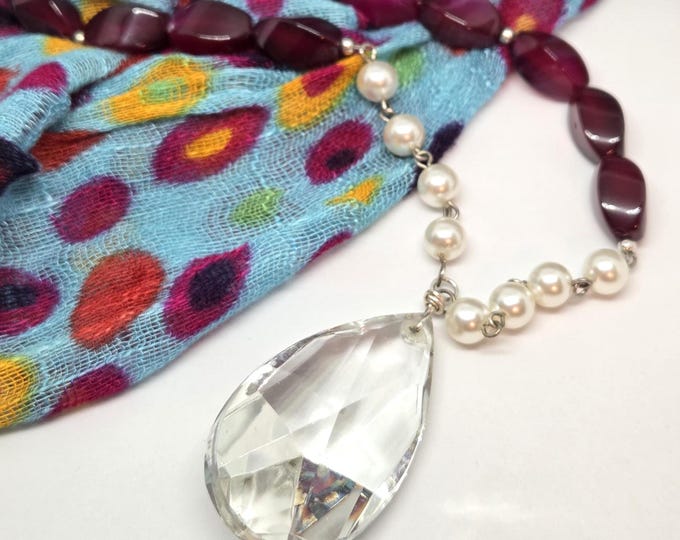 Vintage Chandelier Crystal Pendant Necklace with Fuschia Agate Gemstones and Glass Pearls, One of a Kind
