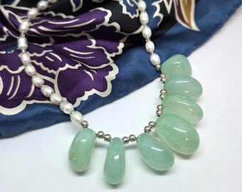 Blue Chalcedony Gemstones & White Freshwater Pearls Necklace, Elegant Bridal jewelry, one of a kind