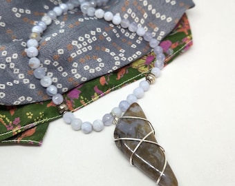 Agua Nueva Agate pendant necklace on Blue Lace Agate Gemstones, one of a kind