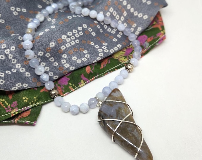 Agua Nueva Agate pendant necklace on Blue Lace Agate Gemstones, one of a kind