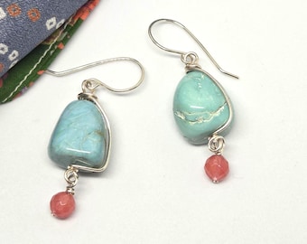 Turquoise nugget earrings with cherry quartz glass dangles, organic gemstones, one of a kind
