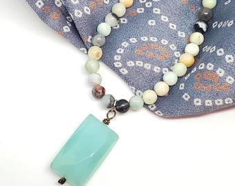 Blue Chalcedony pendant necklace on Amazonite Gemstones, one of a kind