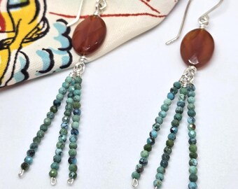 Turquoise and Carnelian long dangle earrings, handmade, one of a kind