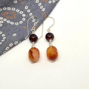 Gemstone dangle earrings for women, Carnelian & Fire Agate gemstones, orange, deep red, sterling ear wires, handmade, one of a kind jewelry