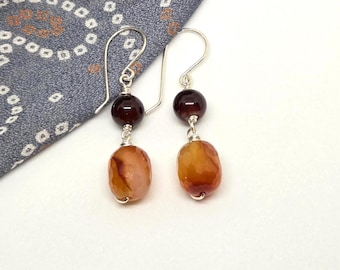 Carnelian and Fire Agate gemstone earrings, handmade, one of a kind