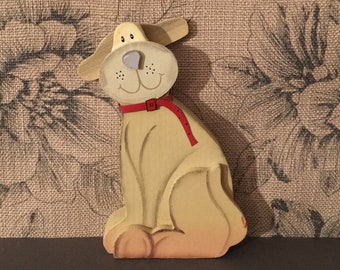 Vintage Wood Cut-Out Smiling Dog with Red Collar