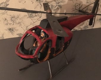 Large Vintage Model Helicopter with Pilot Made of Wood and Steel