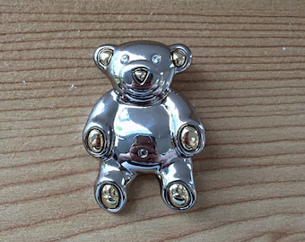 Vintage Liz Claiborne Gold and Silver Tone Metal Teddy Bear Brooch with Crystal Eyes