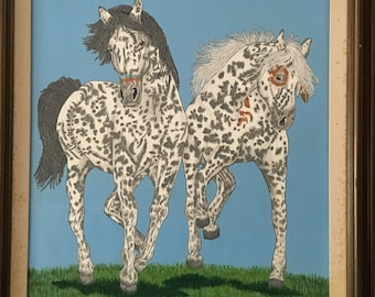 歩く馬のオリジナルヴィンテージ油絵/まだら模様の馬/ペイントポニー