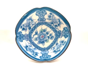 Vintage Blue and White Flow Small Bowl w Peony Blooms and Square Rim. Cost Plus Inc. Oakland Calif., Made in Japan, Ring Dish, Condiment Ser