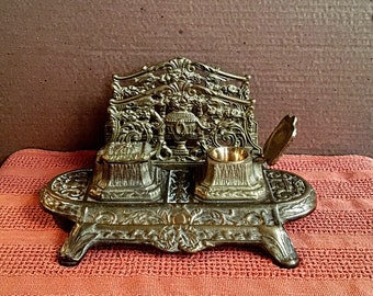 Vintage Solid Brass Ornate Inkwell/Office Decor/Desk Accessories/Letter Holder/Antique Decor/Hollywood Regency