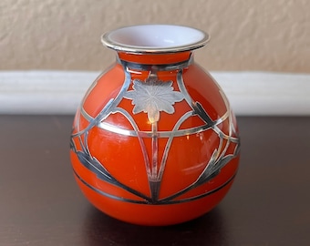Antique EAMCO Art Nouveau Bud Vase, Burnt Orange, Blood Orange, Bohemian Glass, Silver Overlay Cased, Glass Collector, American, Trenton NJ