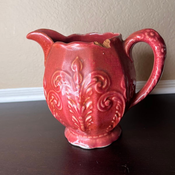 Antique Blue Ridge Pottery Rose Grace Pitcher Jug, Southern Clay, Shabby Chic, Maroon Mauve Pomegranate, Floral Scroll, Flower Bouquet