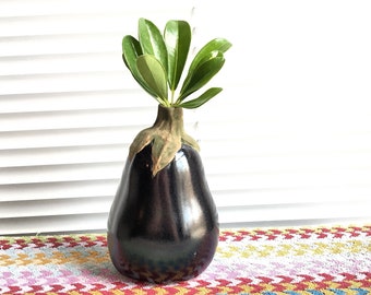 Vintage Patricia Garrette Ceramic Eggplant Bud Vase in Black-Purple Shiny Glaze with a Matte Green Stem