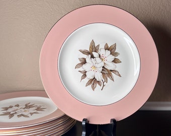 Vintage Sevron Fair Lady-dinerbord uit het midden van de eeuw, Amerikaans aardewerk, porselein, roze rand, servies, zuidelijk decor, magnolia, housewarming