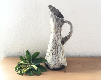 Vintage Stoneware Pitcher/Ewer with Cream Marbled Drip Glaze Over Coffee-Brown Base