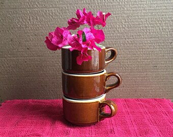 Vintage Brown Drip Glaze Coffee/Soup Mugs Marked “USA” with Pictorial Bird Pottery Mark