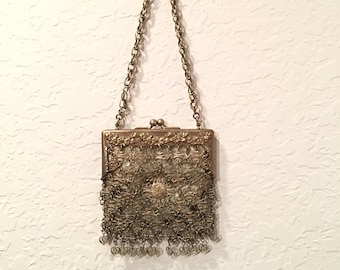 Antique Silver FilIgree Chain Mail Purse with Dangling Hearts and a Ball Clasp