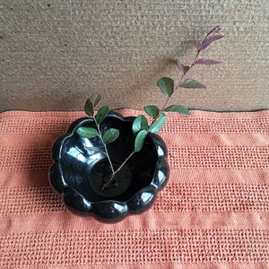 May include: A black ceramic bowl with a wavy rim sits on a peach-colored textured surface. A sprig of green leaves with purple stems is placed inside the bowl.