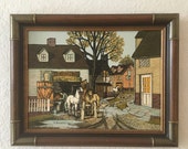 H. Hargrove Vintage Signed Oil on Canvas Serigraph of Blacksmith Shop with Horses