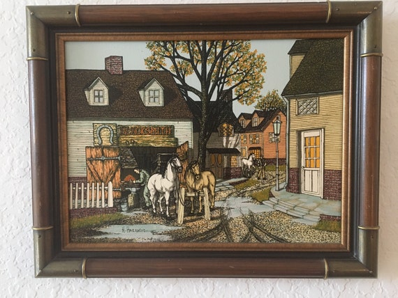 H. Hargrove Vintage Signed Oil on Canvas Serigraph of Blacksmith