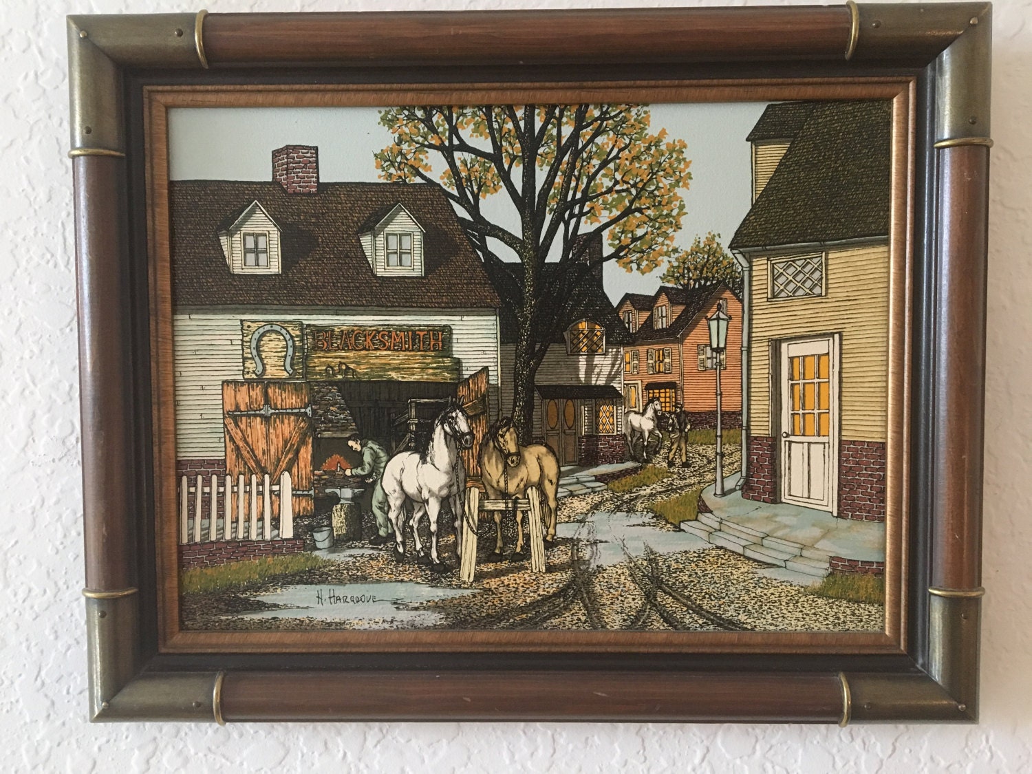 アメリカンヴィンテージ絵画　H.HARGROVE キャンパス地　セリグラフ H. Hargrove Vintage Signed Oil on Canvas Serigraph of Blacksmith