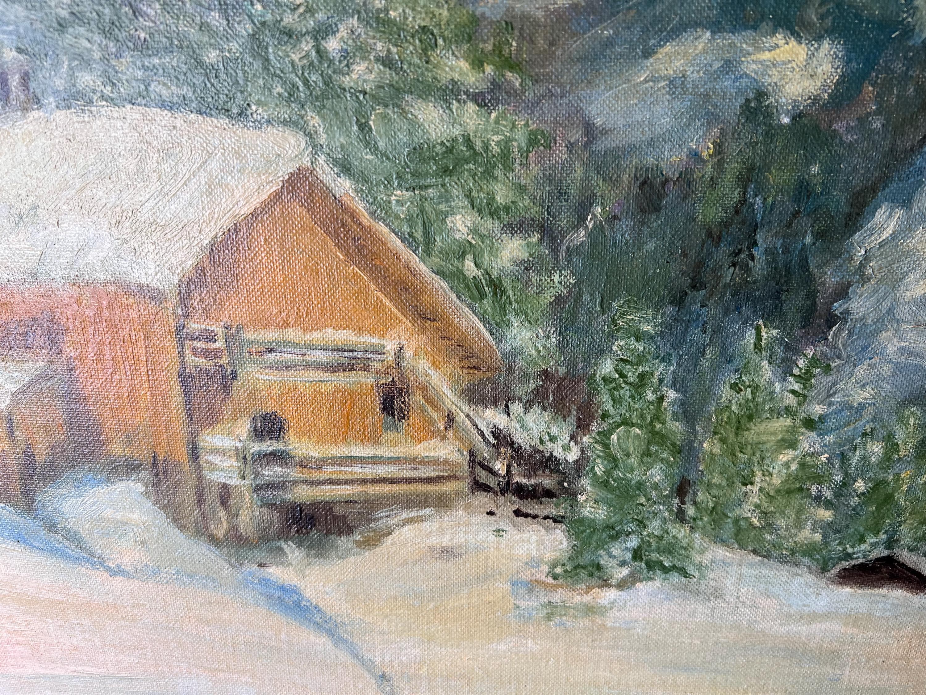 Vintage 1950's Original Oil Painting of Cabin in Snowy Mountains by B ...