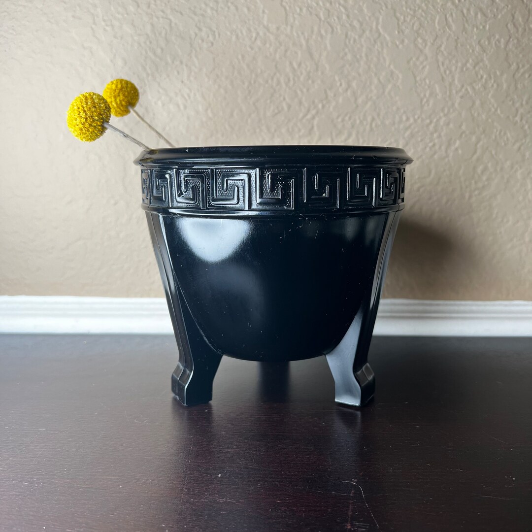 Antique LE Smith Black Amethyst Greek Key Cache Pot, Tri-foot Planter ...