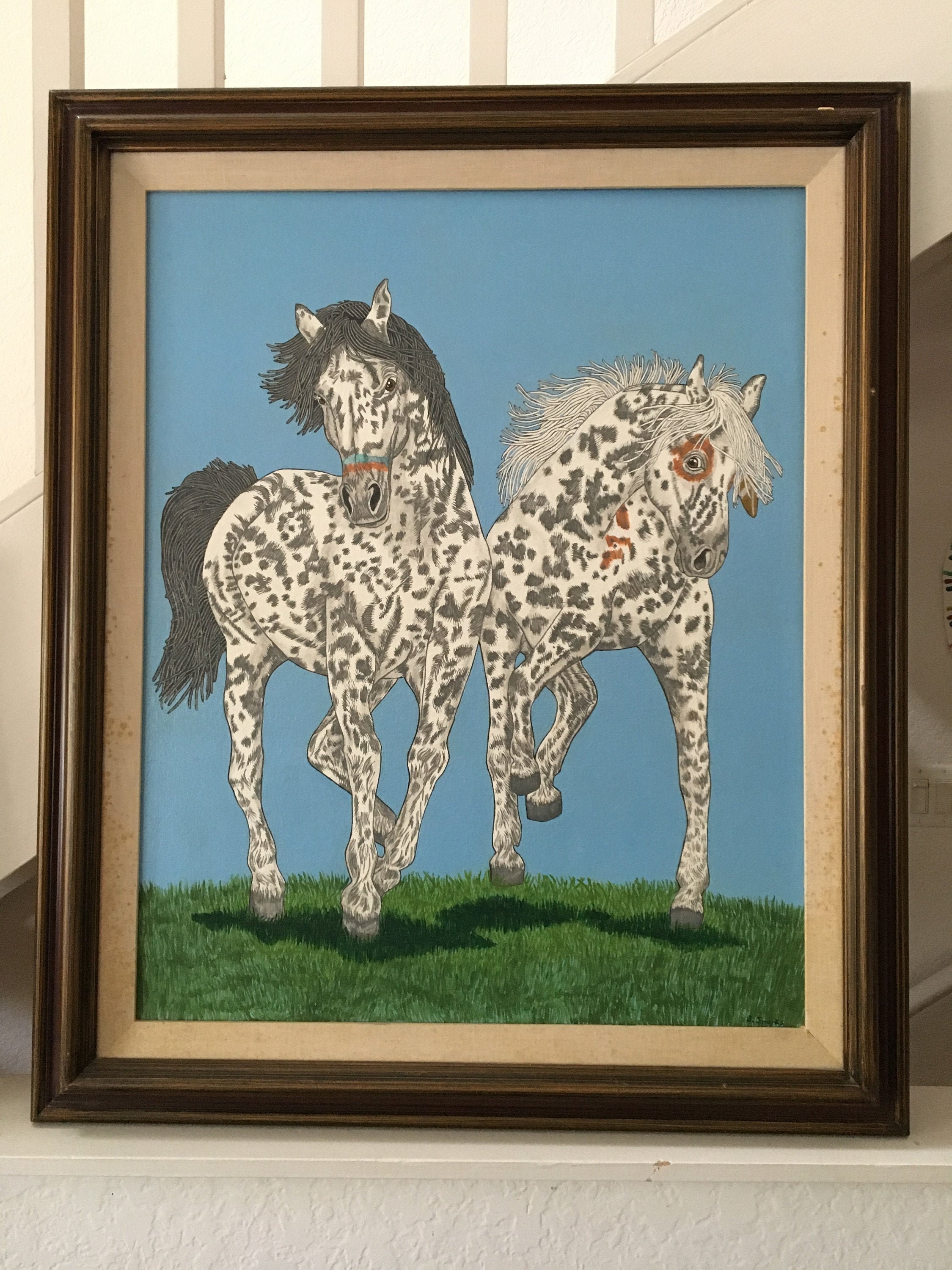 歩く馬のオリジナルヴィンテージ油絵/まだら模様の馬/ペイントポニー