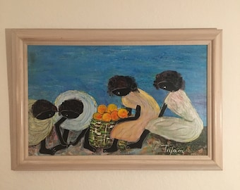 Large Vintage 1990 Lucia Trifan Pastel Painting of Ladies at a Fruit Market