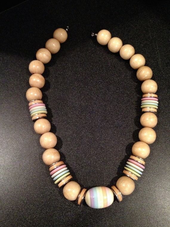 Vintage wood, plastic and metal bead necklace wit… - image 2