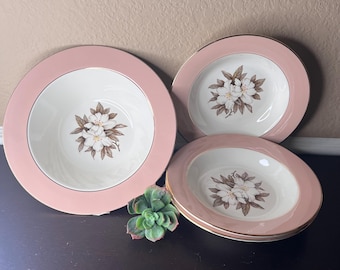 Vintage Midcentury Sevron Fair Lady Soup Bowl, American Pottery China, Rose Colored Border,Serveware,Southern Decor,Magnolia,Housewarming