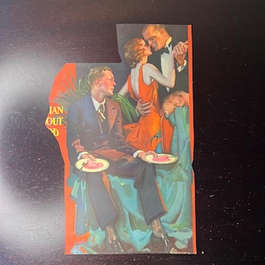 May include: Vintage illustration depicting a social gathering. A man in a tuxedo dances with a woman in an orange dress. Another man in a suit sits, holding a plate. The artwork has a retro style with vibrant colors.
