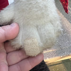 May include: Close-up of a plush toy's white paw with a beige textured pad. The toy has black fur and a red patterned ear. The paw is held by a hand.