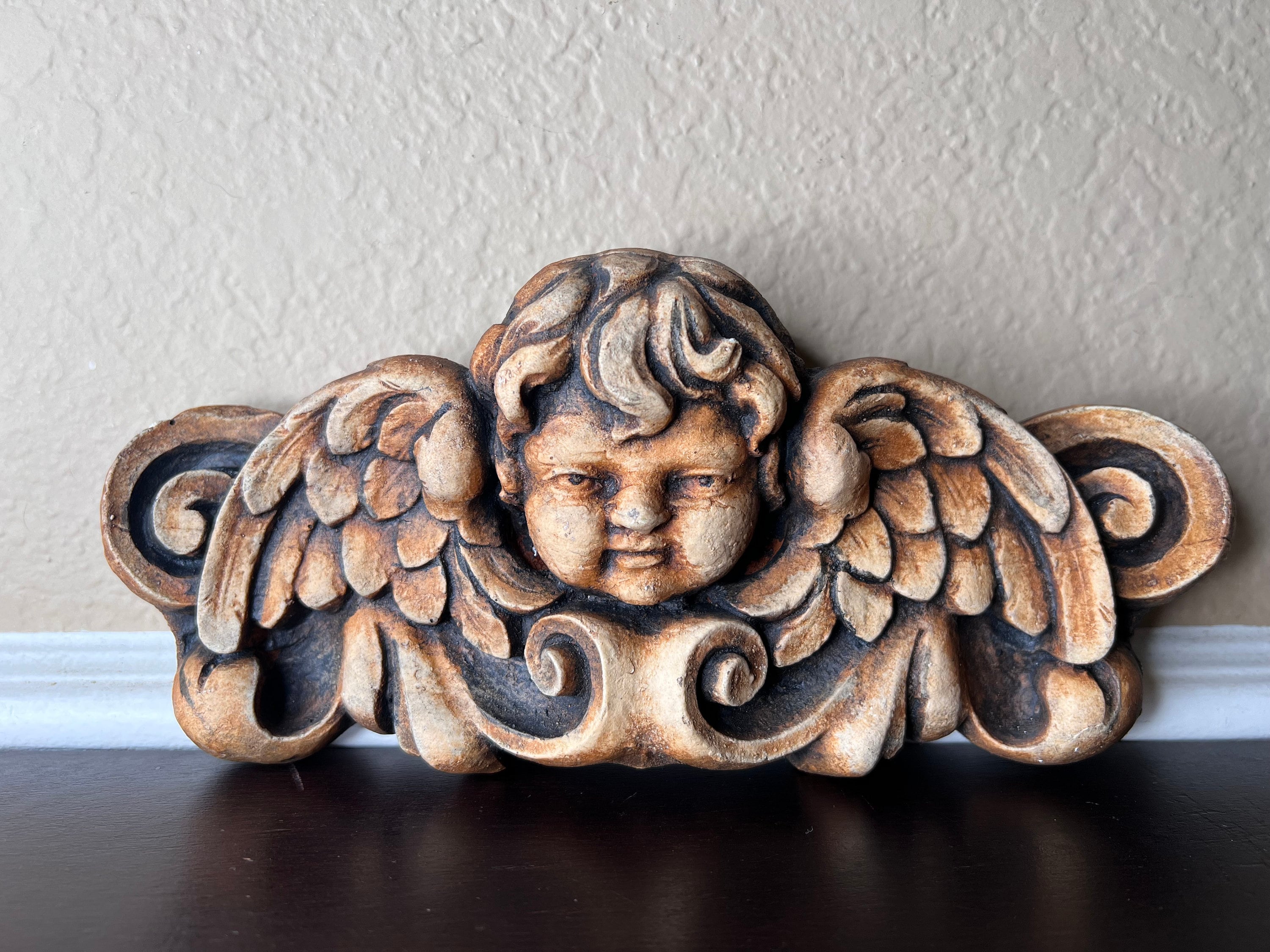 木彫りの天使壁掛け プットー ケルビム 彫刻エンジェル 民藝 オブジェ/K042 木彫りの天使壁掛け プットー ケルビム 彫刻エンジェル 民藝 オブジェ