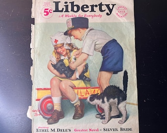 Omslag till Liberty Magazine från 1931, Leslie Thrasher, sjuksköterska och valp.