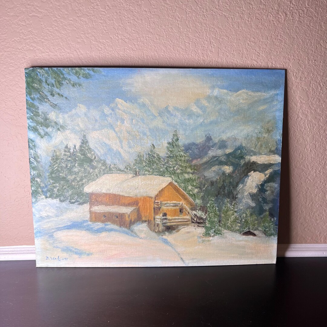 Vintage 1950's Original Oil Painting of Cabin in Snowy Mountains by B ...