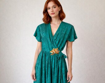 green and gold wrap dress Vintage Silk Dress: Sequin Floral Appliqué, Size 2 curvy