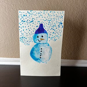 Grote originele aquarel kerstkaart, wenskaart, feestdagen, oudejaarsavond, witte kerst, sneeuwpop, sneeuwt, magische kerst