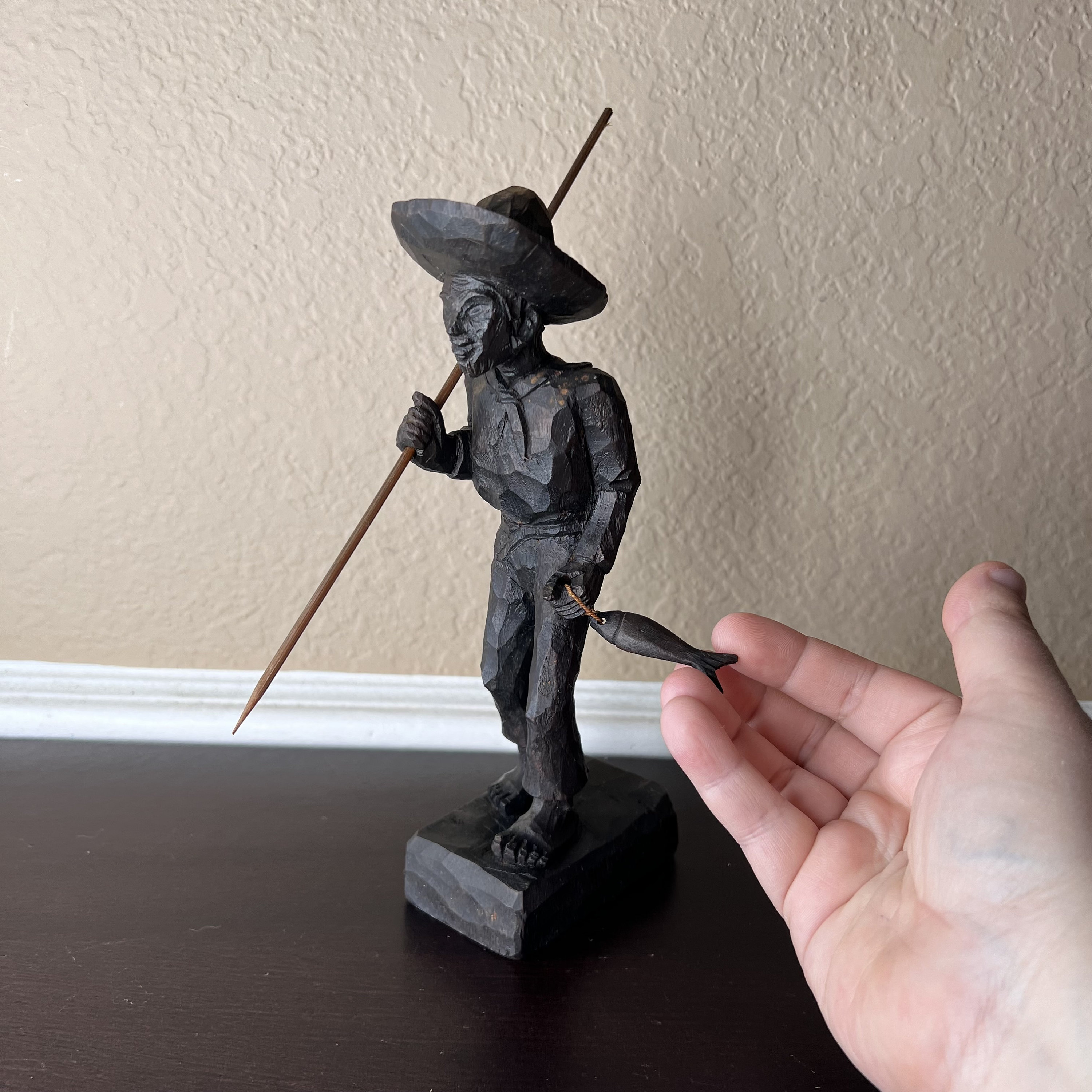 Vintage 1960's Boutique Joana Brazil Hand Carved Wood Sculpture of Fisherman w Spear and Fish, Fishing Buddy Gift, Lake House Decor, Cabin