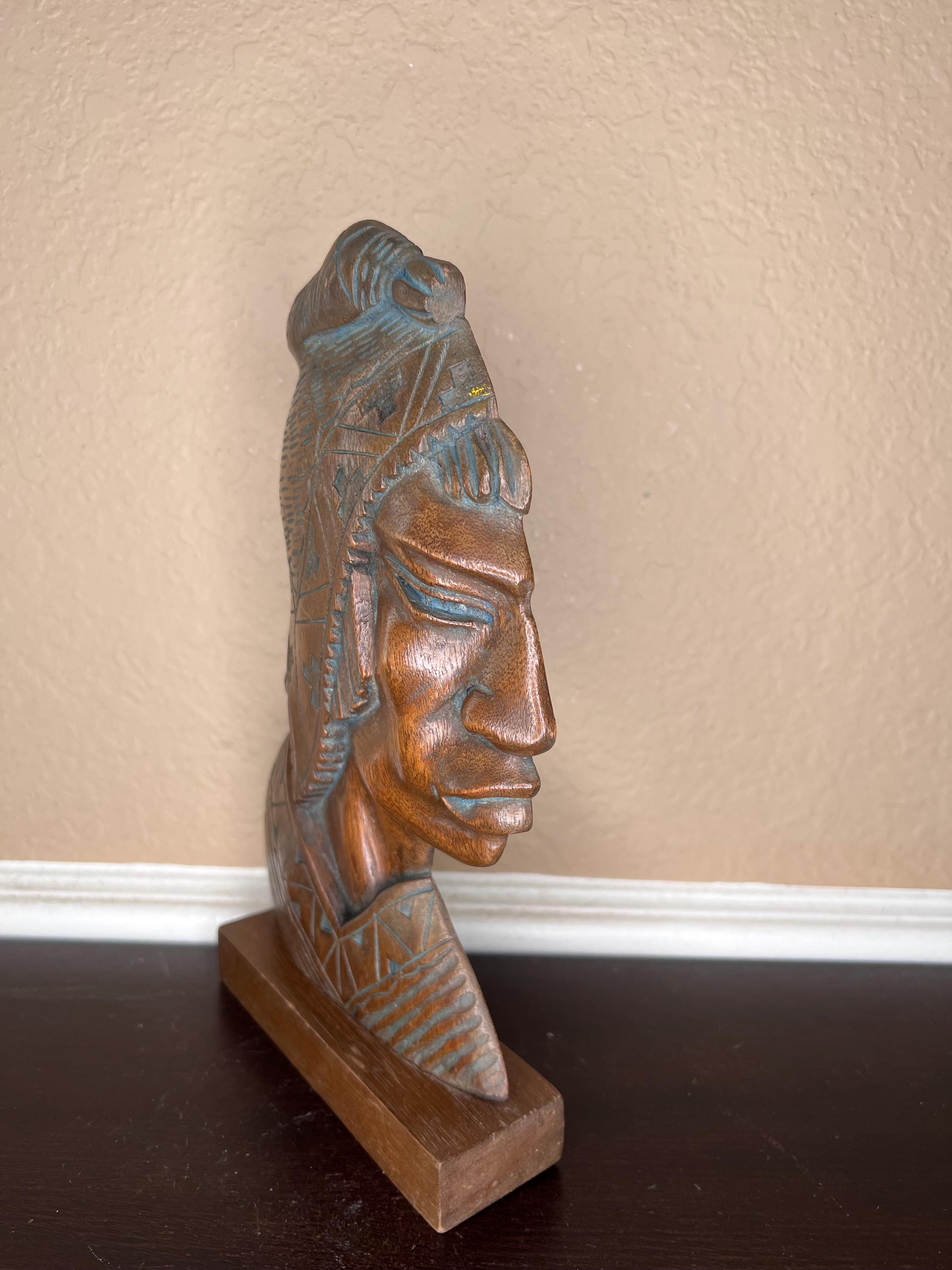 Vintage 1960's Wood Carving of Bolivian Warrior, Portrait Bust