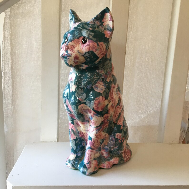 Vintage Floral Decoupage Calico Cat  in Regal  Pose  Etsy